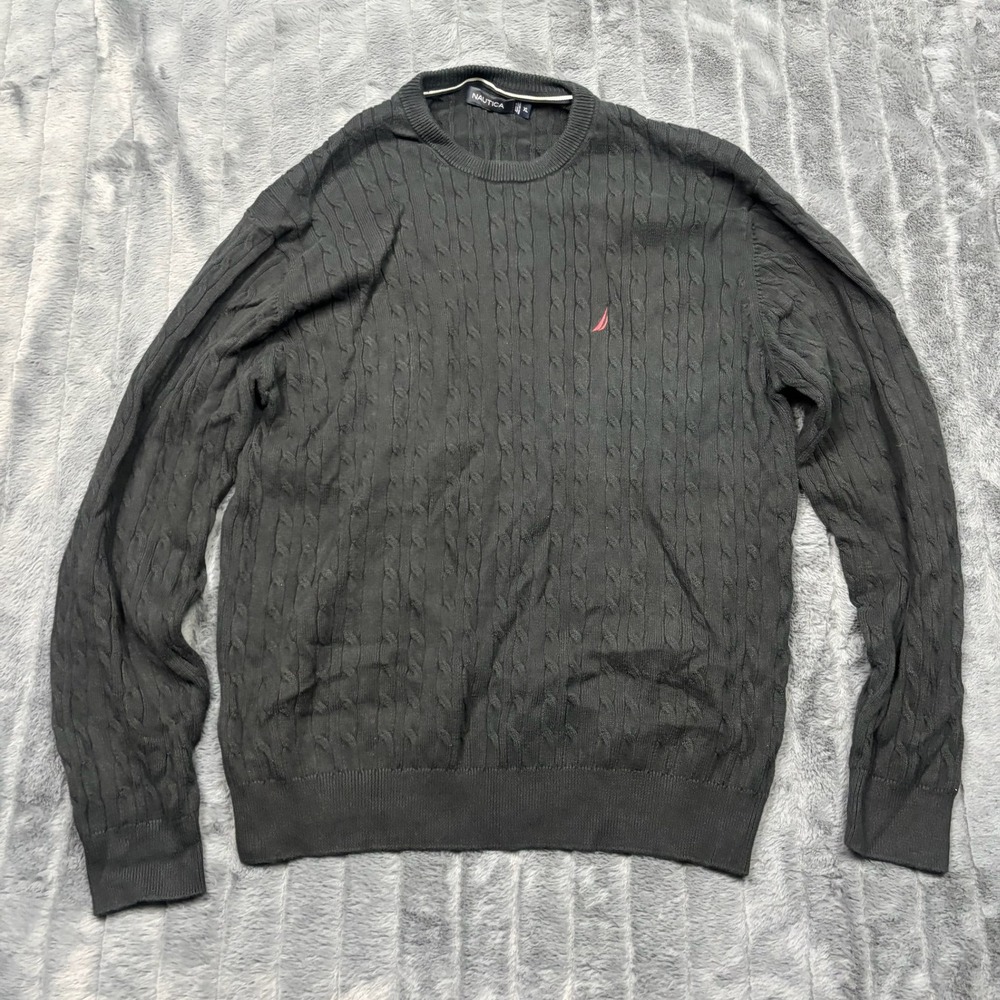 Nautica Mens XL Charcoal Gray Cable Knit Cotton Crew Neck Sweater Logo 11187